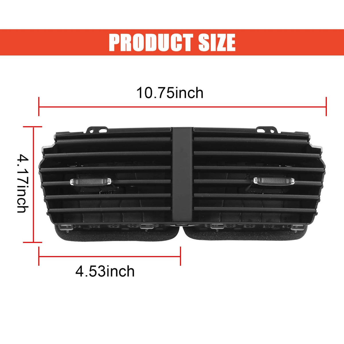 Black dual center dash air vent grille with product size diagram and bracket frame