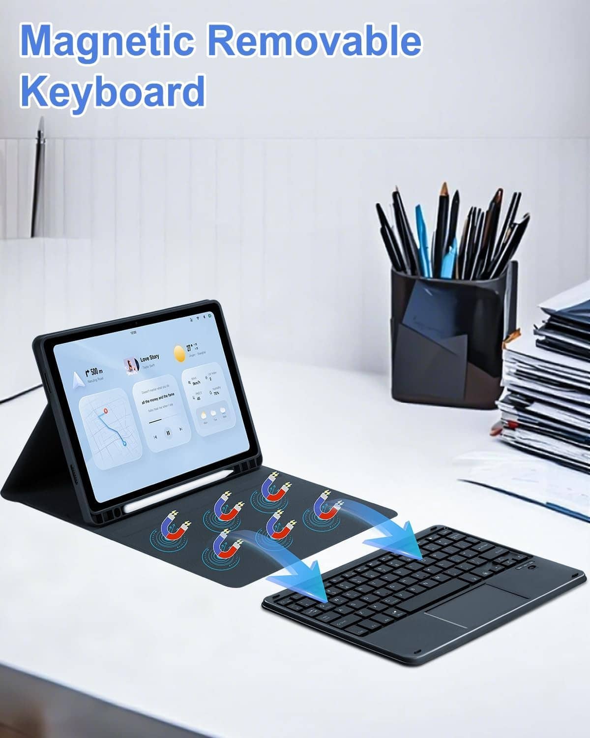 Black magnetic removable keyboard case for tablet with backlit touchpad