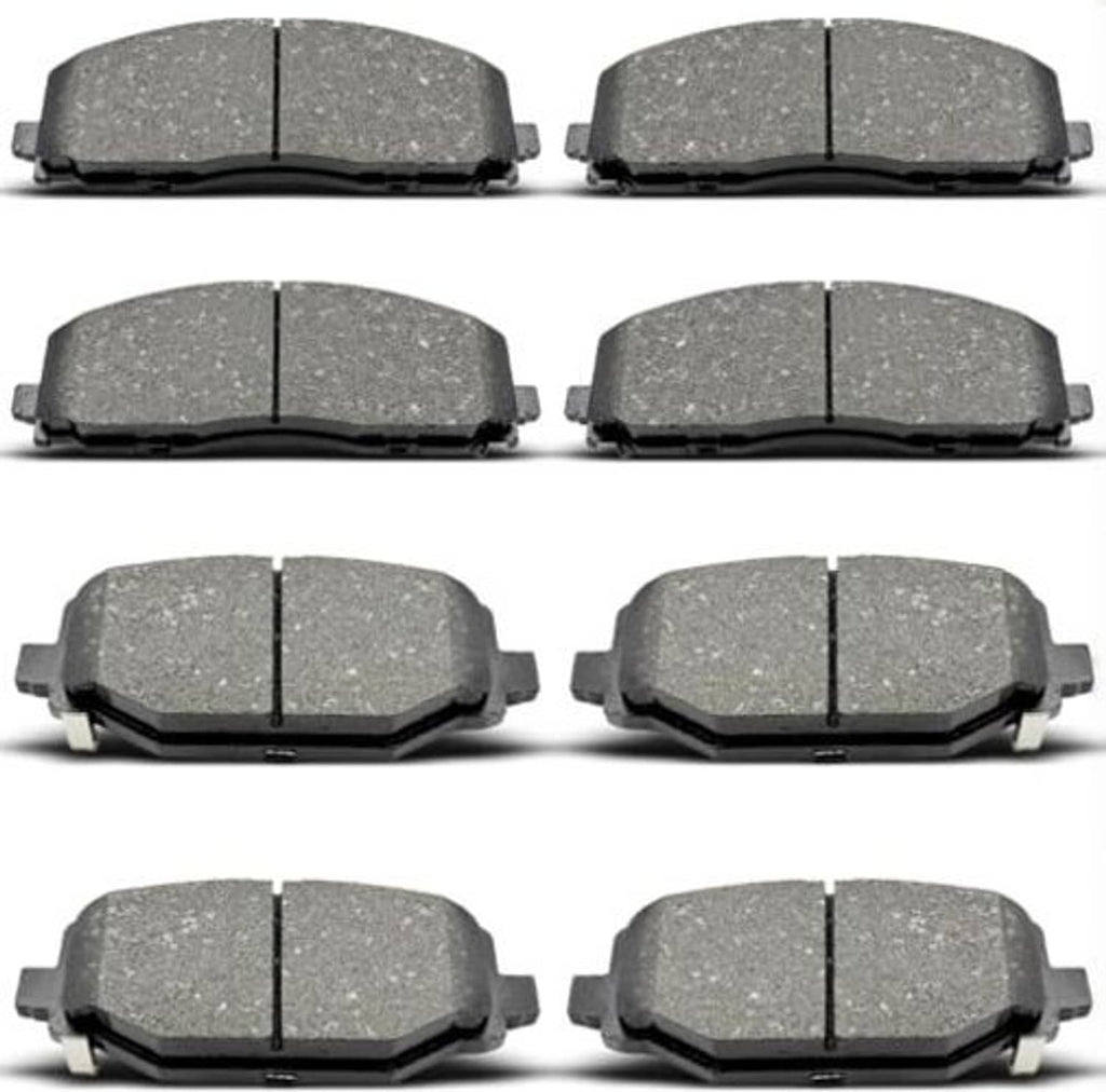 Ceramic brake pad set, eight gray pads with chamfered corners and cutouts