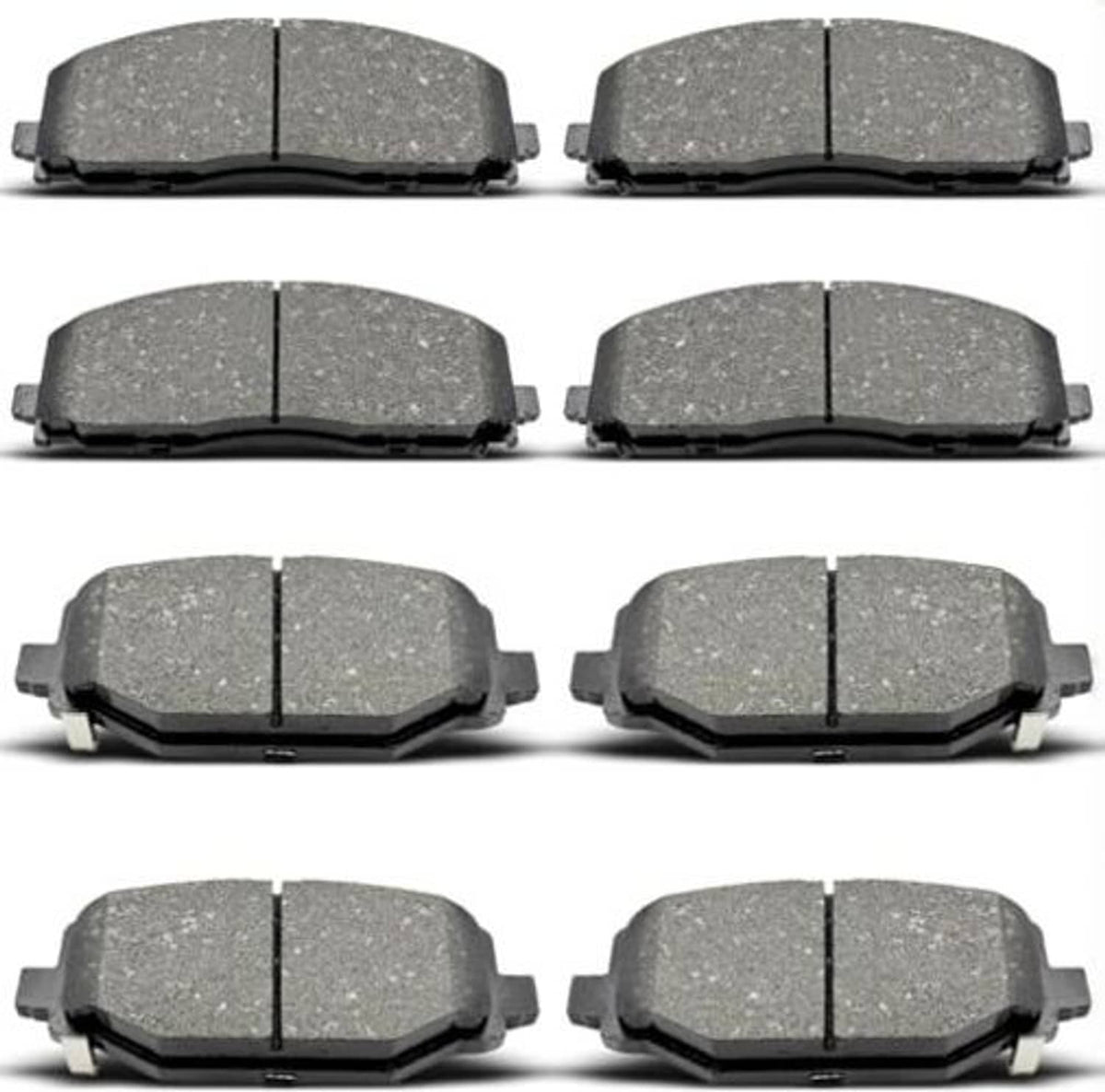 Ceramic brake pad set, eight gray pads with chamfered corners and cutouts