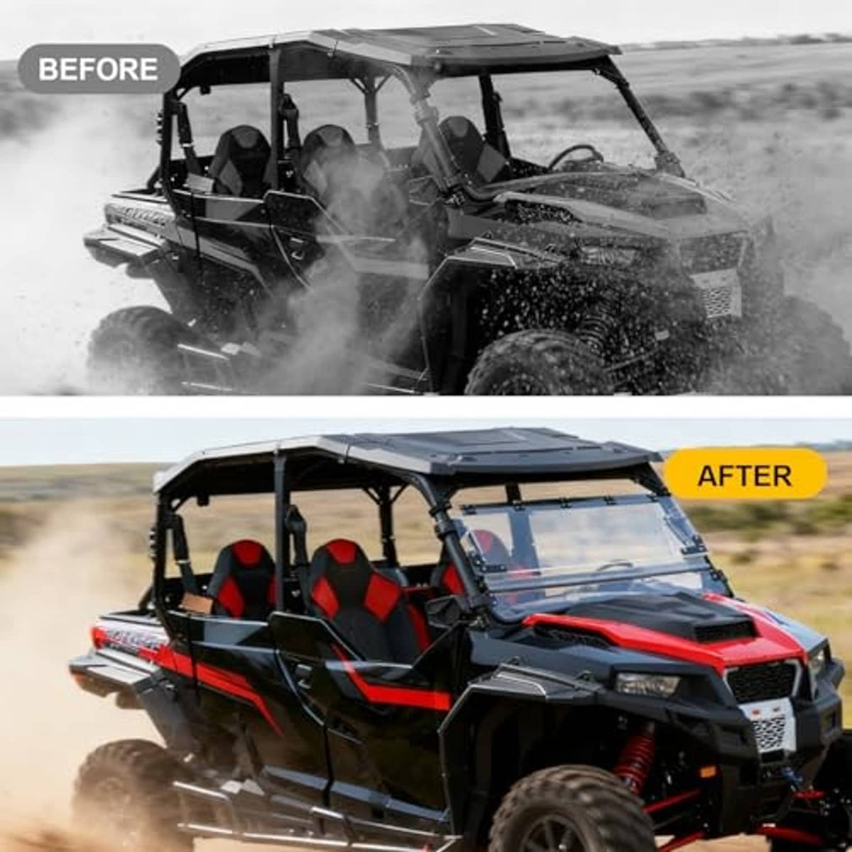 Installed UTV front windshield with clear panel on a red cab