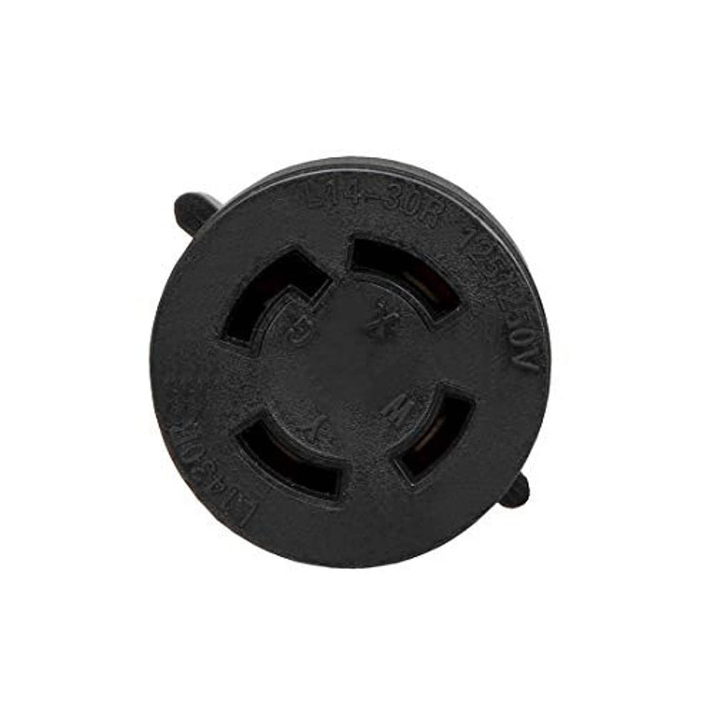 Round L14-30R outlet face with four slots and markings on black adapter body