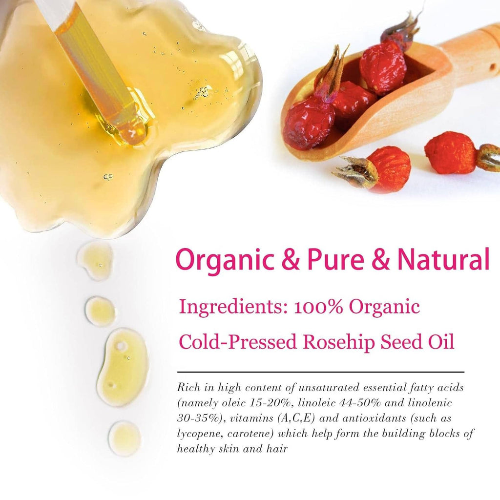 Rosehip seed oil dropper with golden oil droplets over rosehip seeds