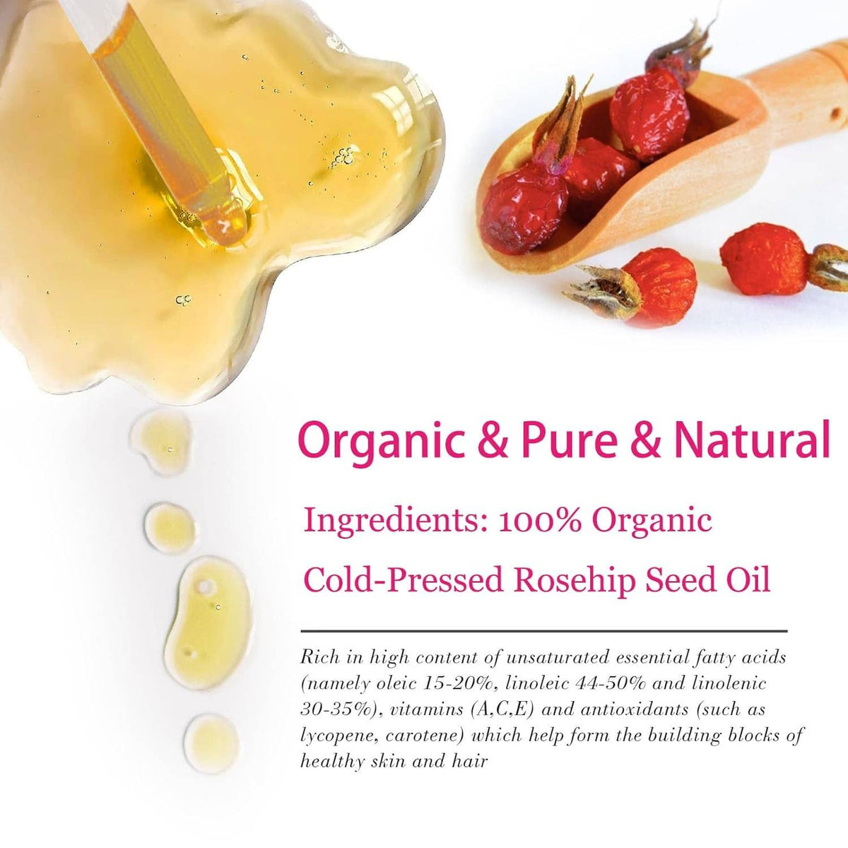 Rosehip seed oil dropper with golden oil droplets over rosehip seeds