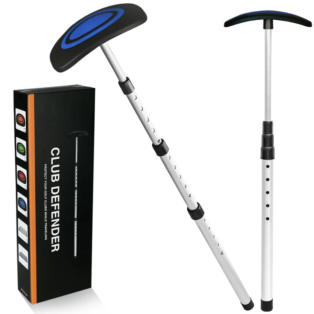 Golf umbrella club support system: blue-ring cover, white telescoping poles