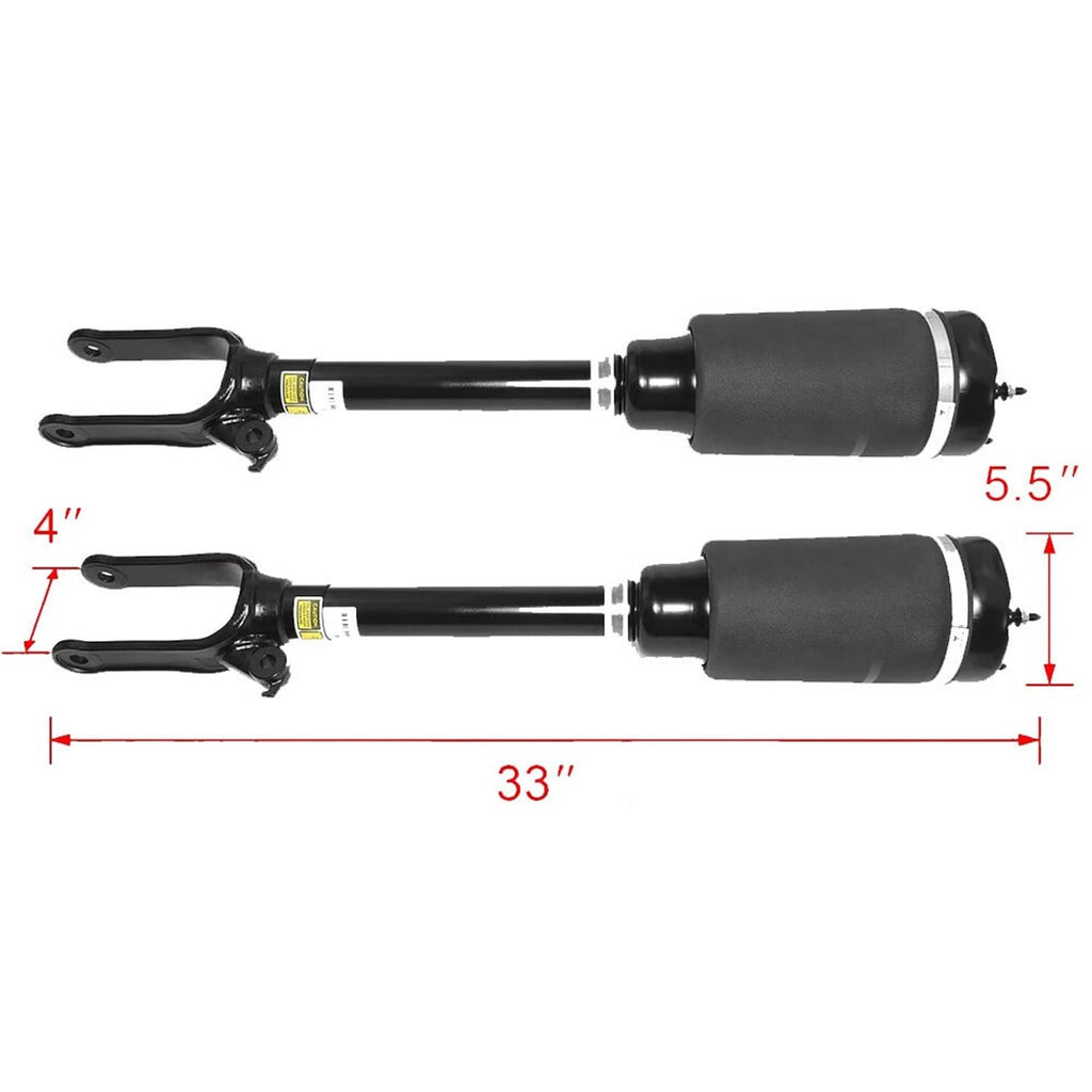 Front air suspension strut pair with black shock cylinders and mounting forks