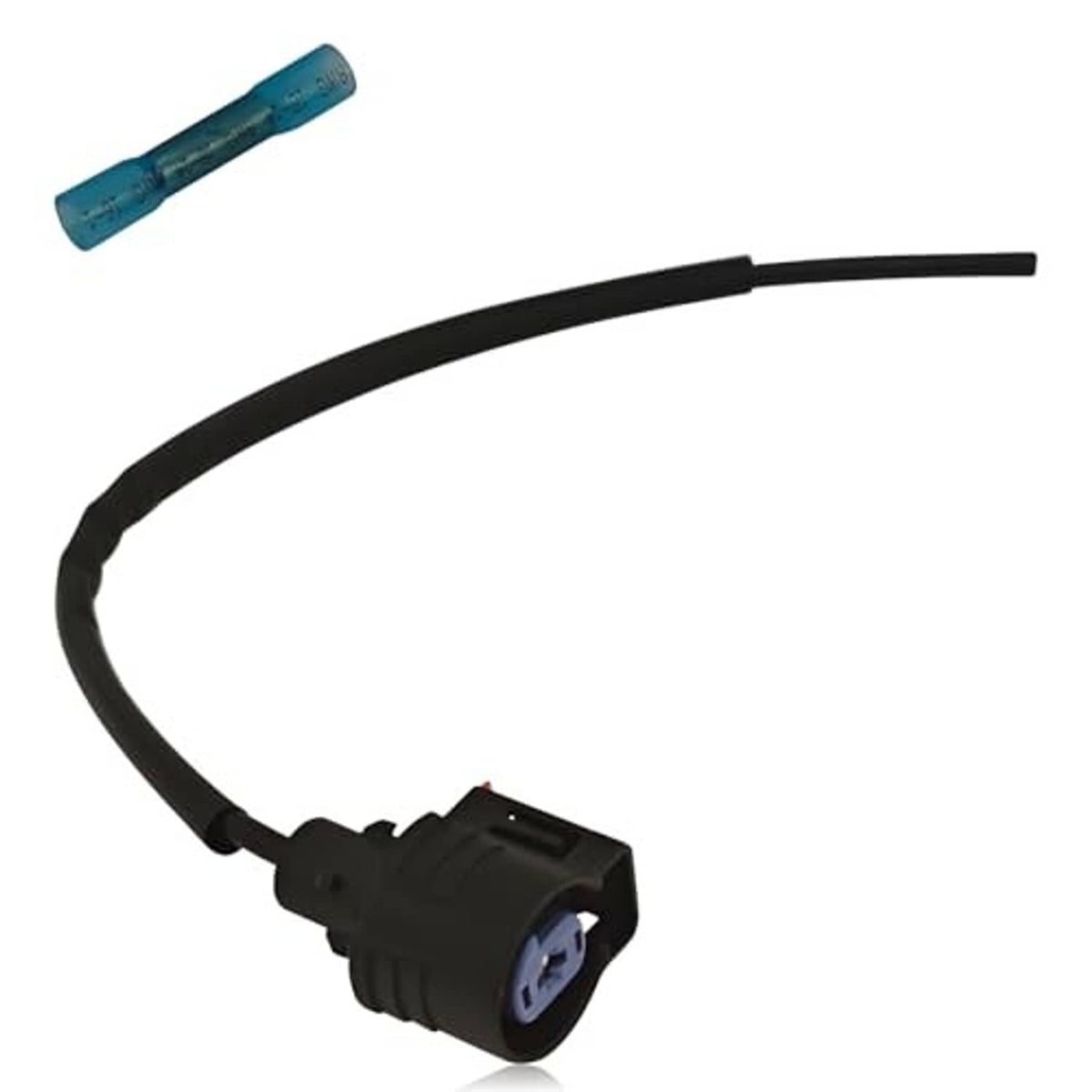 Starter pigtail connector plug with black cable and blue 2-pin socket, side view