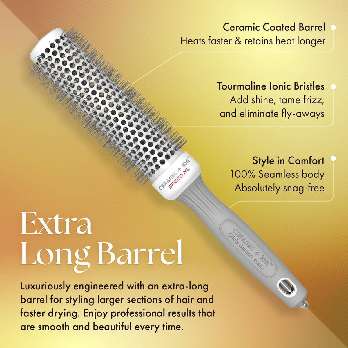 Extra-long ceramic-coated ion brush with dense bristle barrel and grey comfort grip.
