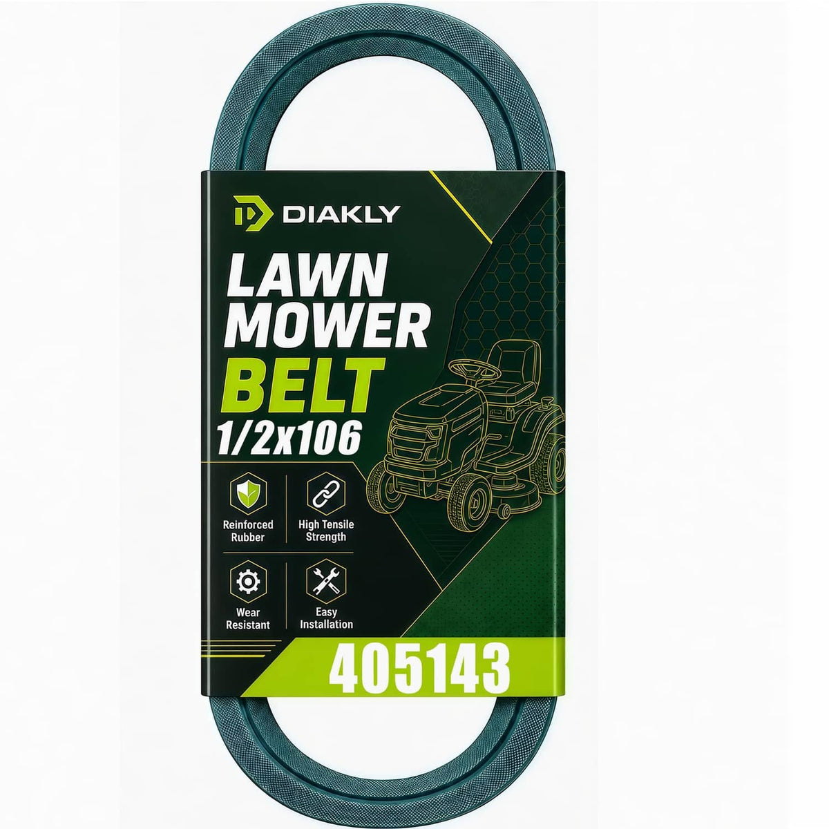DIakly lawn mower deck belt in dark green, 1/2 in x 106 in retail package
