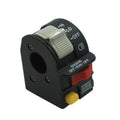 Left handlebar switch assembly with black housing, gray thumbwheel, yellow and red buttons