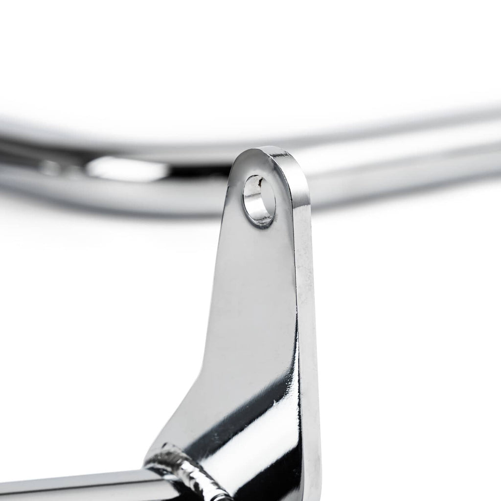 Chrome engine guard crash bar mounting tab bracket close-up