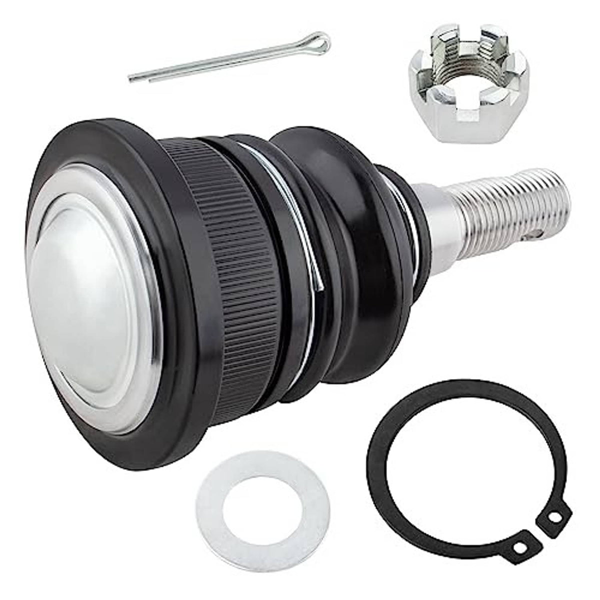 Front ball joint dust boot and hardware, black housing with chrome threaded stem