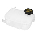 Coolant reservoir tank with black cap and yellow warning symbols
