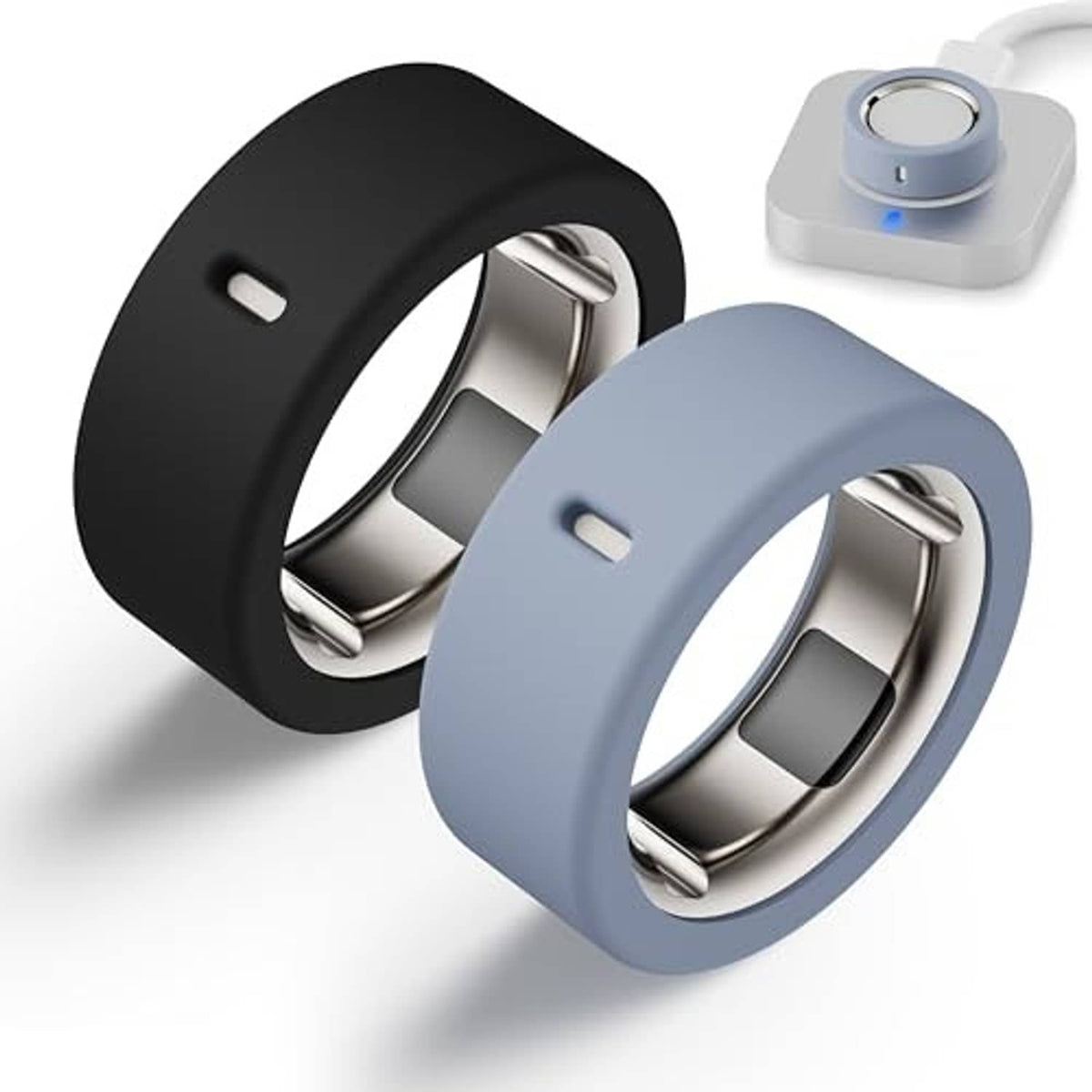 Oura Ring silicone protector band pair in black and blue with open ring slots