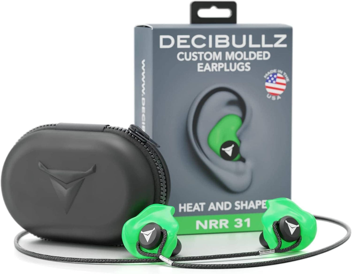 Green custom molded earplugs with cord, stored in round zippered case