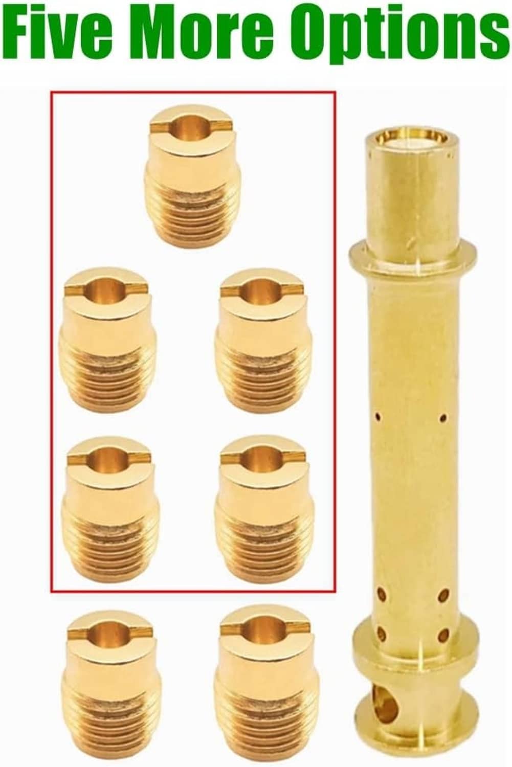 Brass carburetor jet set with main jets and a tall emulsion tube, hex-head fittings