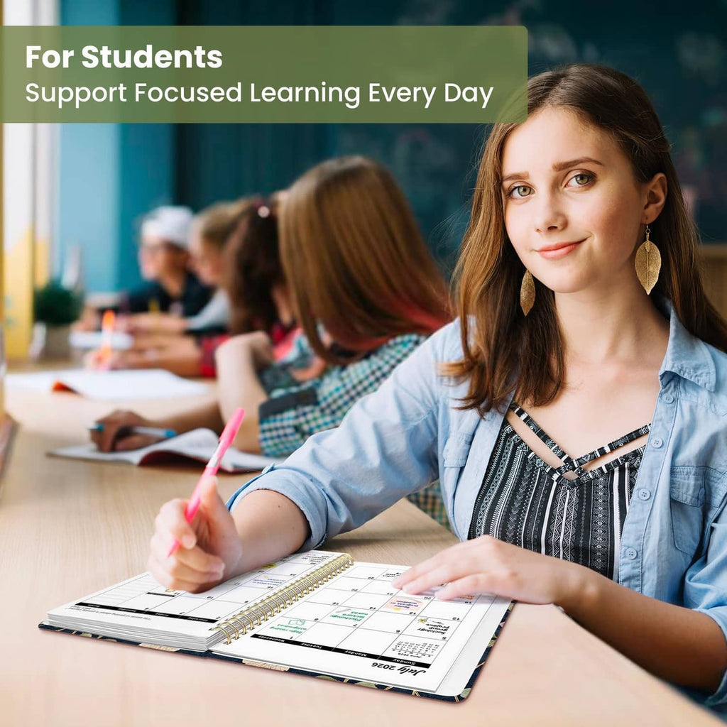 Student using an open monthly planner with grid days and notes on the page