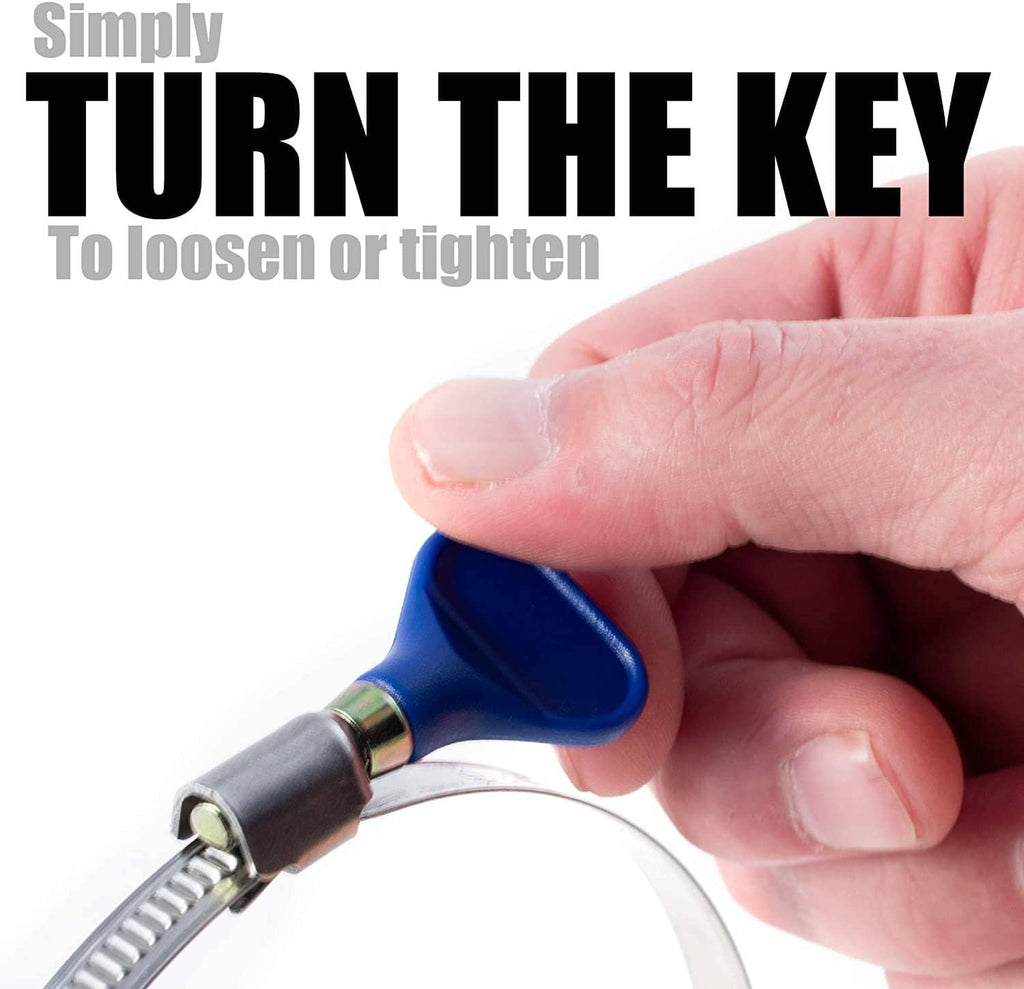 Hand turning blue thumb screw key on stainless hose clamp band