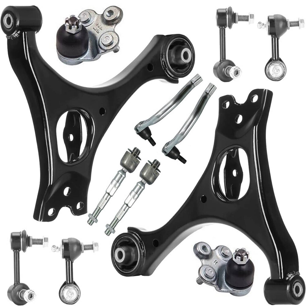 Front lower control arm kit with multiple arms, joints, and hardware pieces
