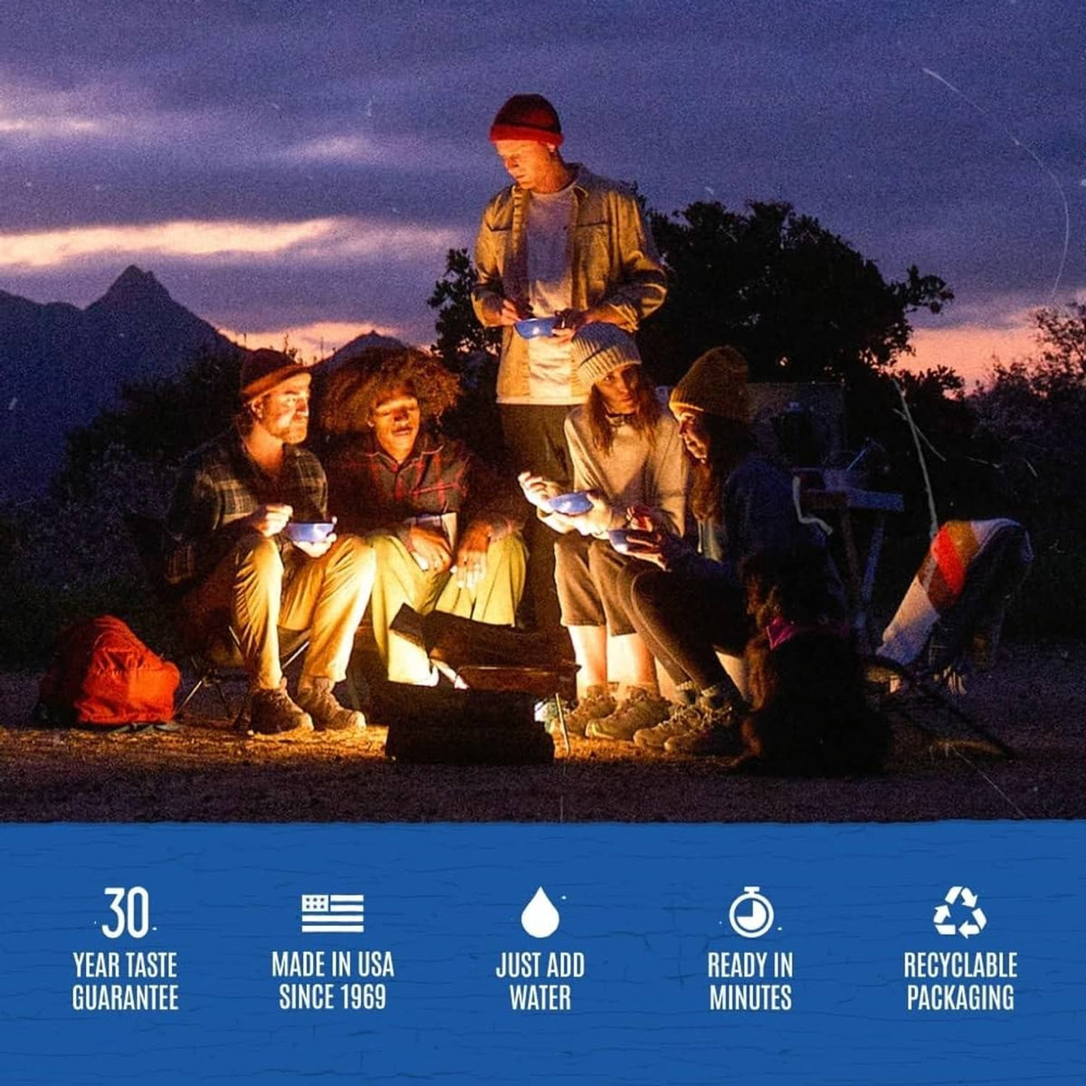 Mountain House freeze-dried diced chicken meal; group sits by campfire with meals
