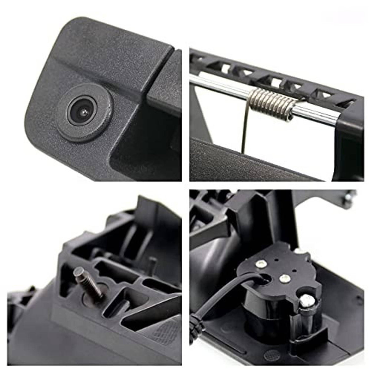 Black tailgate handle backup camera with detailed lens and interior mounting bracket