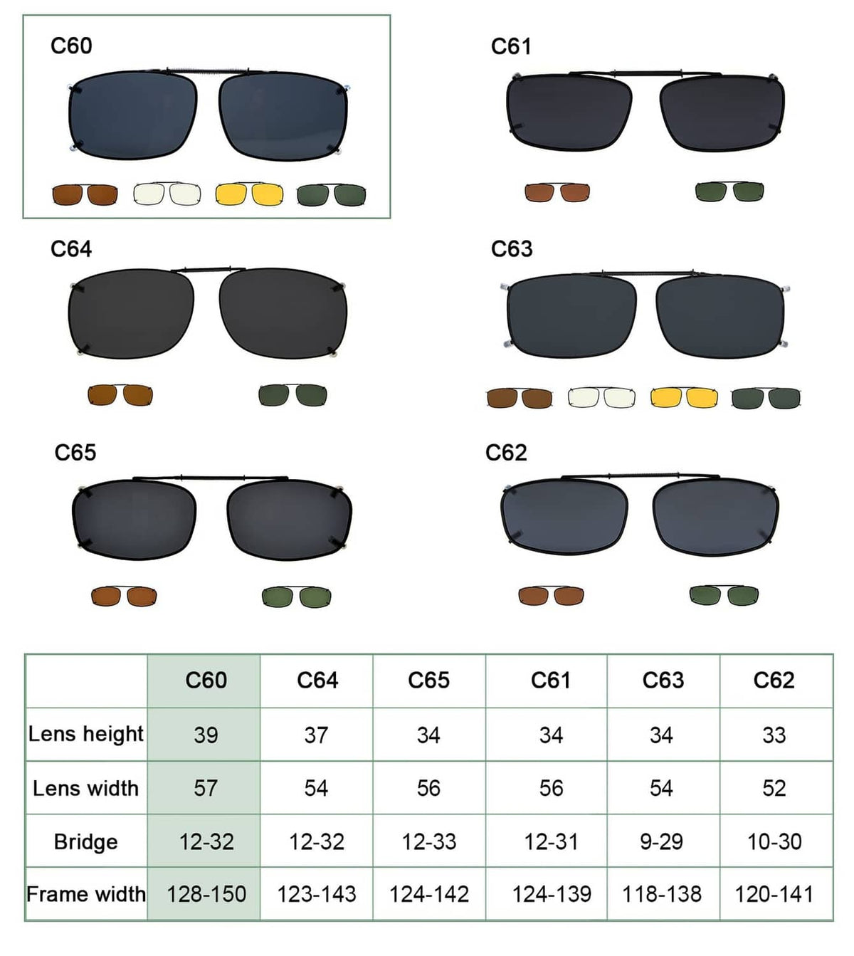 Clip-on blue light blocking glasses color chart with dark lens frame options