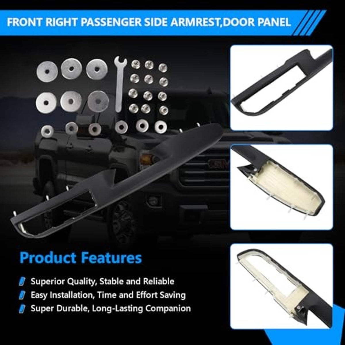 Door armrest panel with cutout frame plus washers, screws, and mounting tool