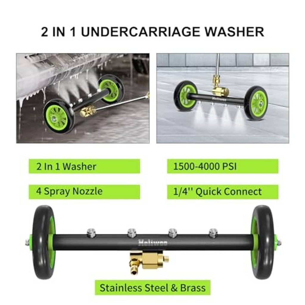 Undercarriage washer bar attachment with four spray nozzles, black frame, green wheels