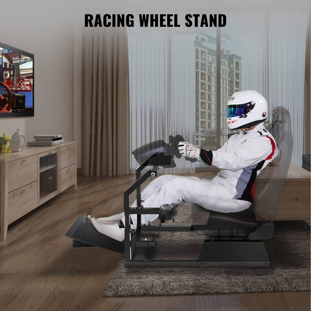 Racing simulator cockpit steering wheel stand with mounting brackets and black steel base