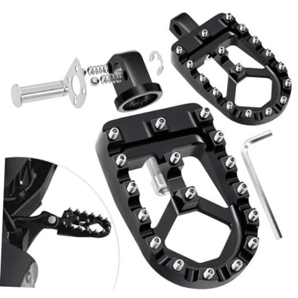 Black and silver adjustable motorcycle foot peg with mounting hardware and pin