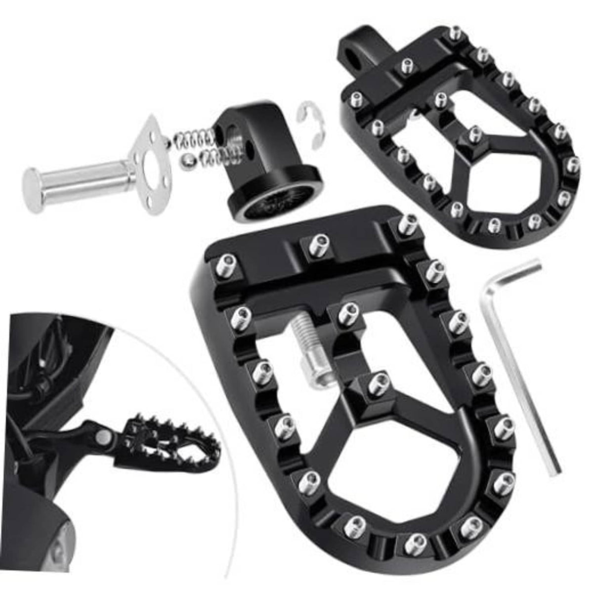 Black and silver adjustable motorcycle foot peg with mounting hardware and pin