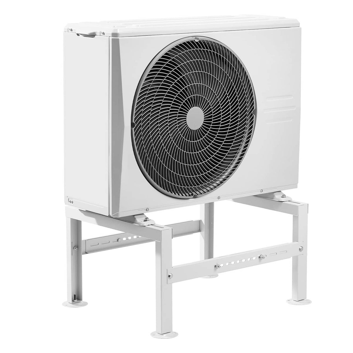 Outdoor mini split condenser mounted on white adjustable ground stand with steel legs