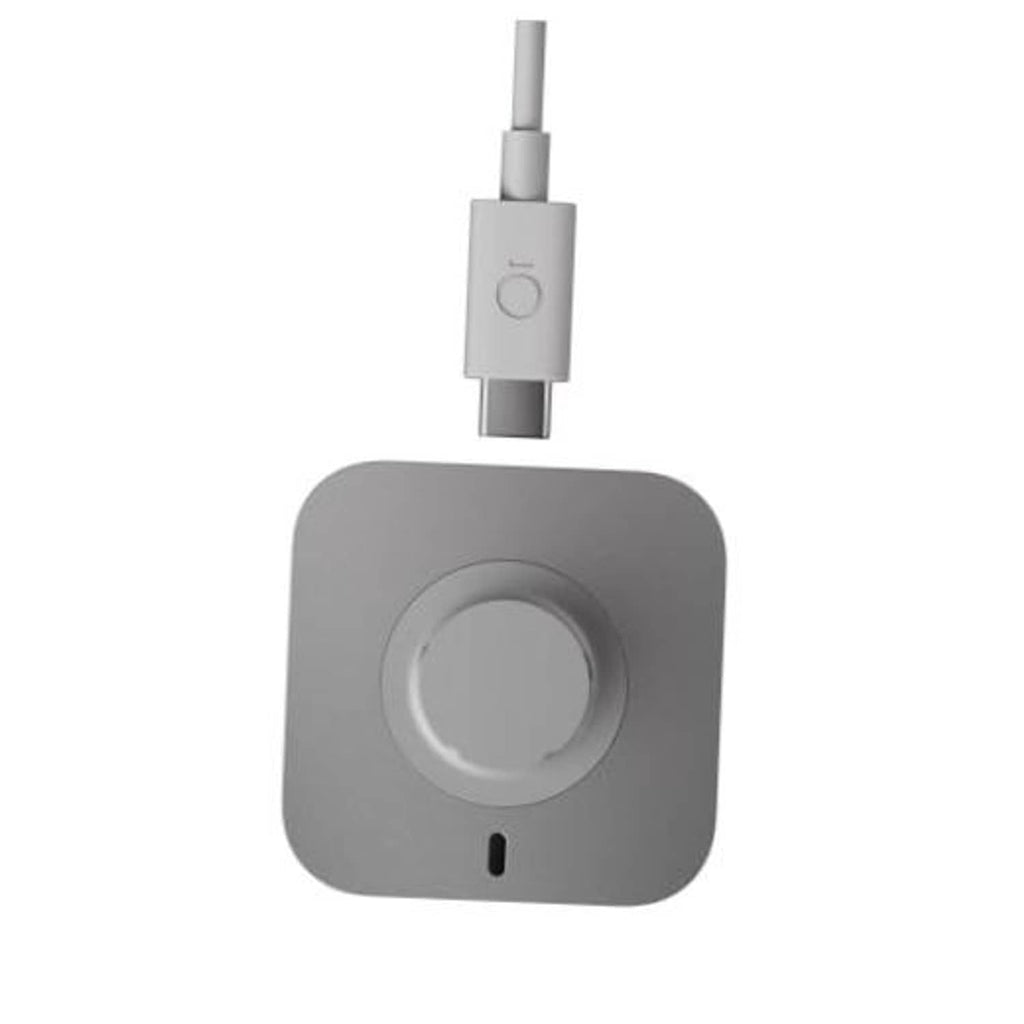 Gray charging dock with round charging cradle and USB-C cable connector
