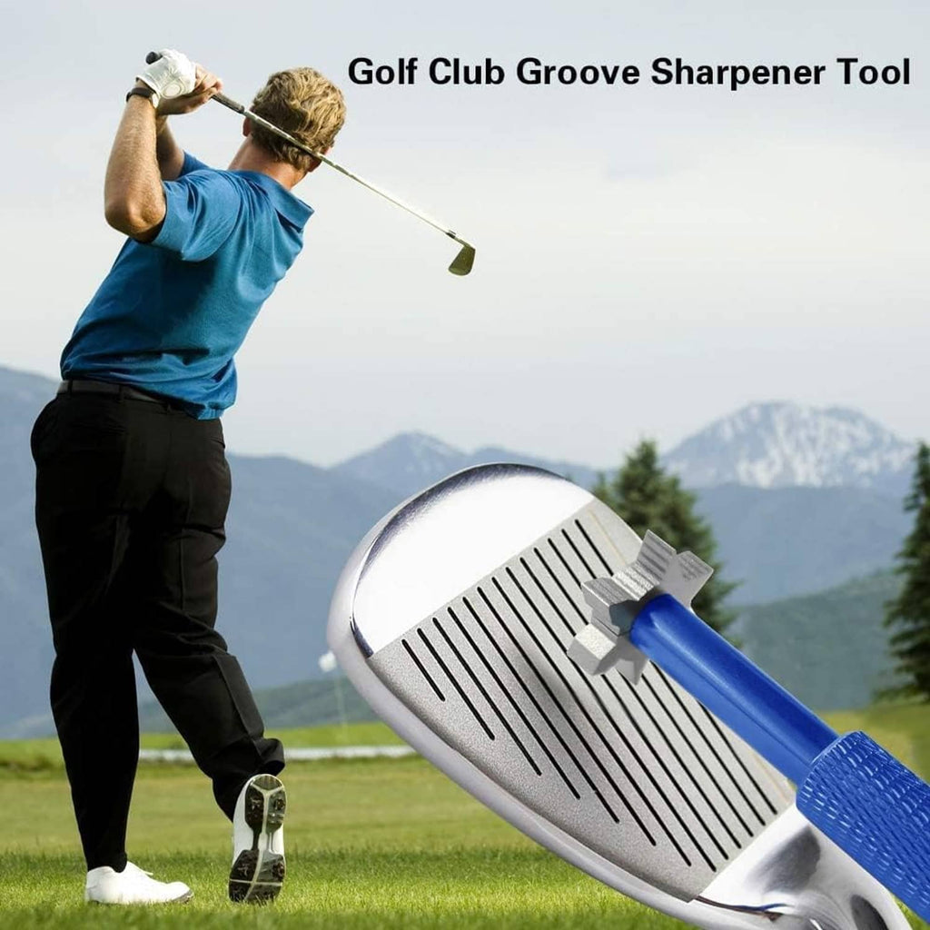 Golf club groove sharpener tool with blue handle and metal cutter working on club