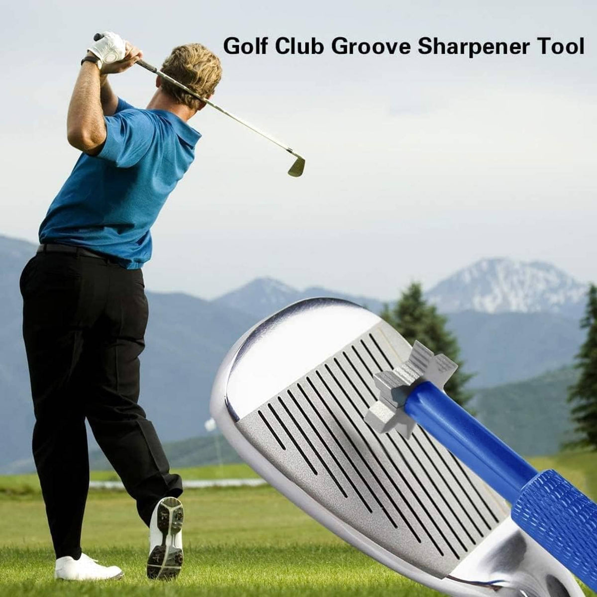 Golf club groove sharpener tool with blue handle and metal cutter working on club