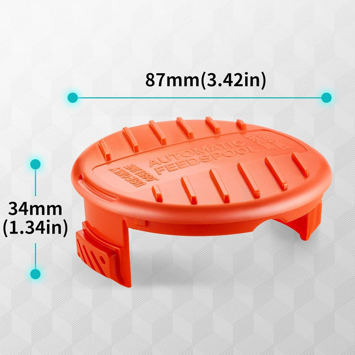 Orange trimmer line spool cap cover, close-up with visible spring seat and vent slots