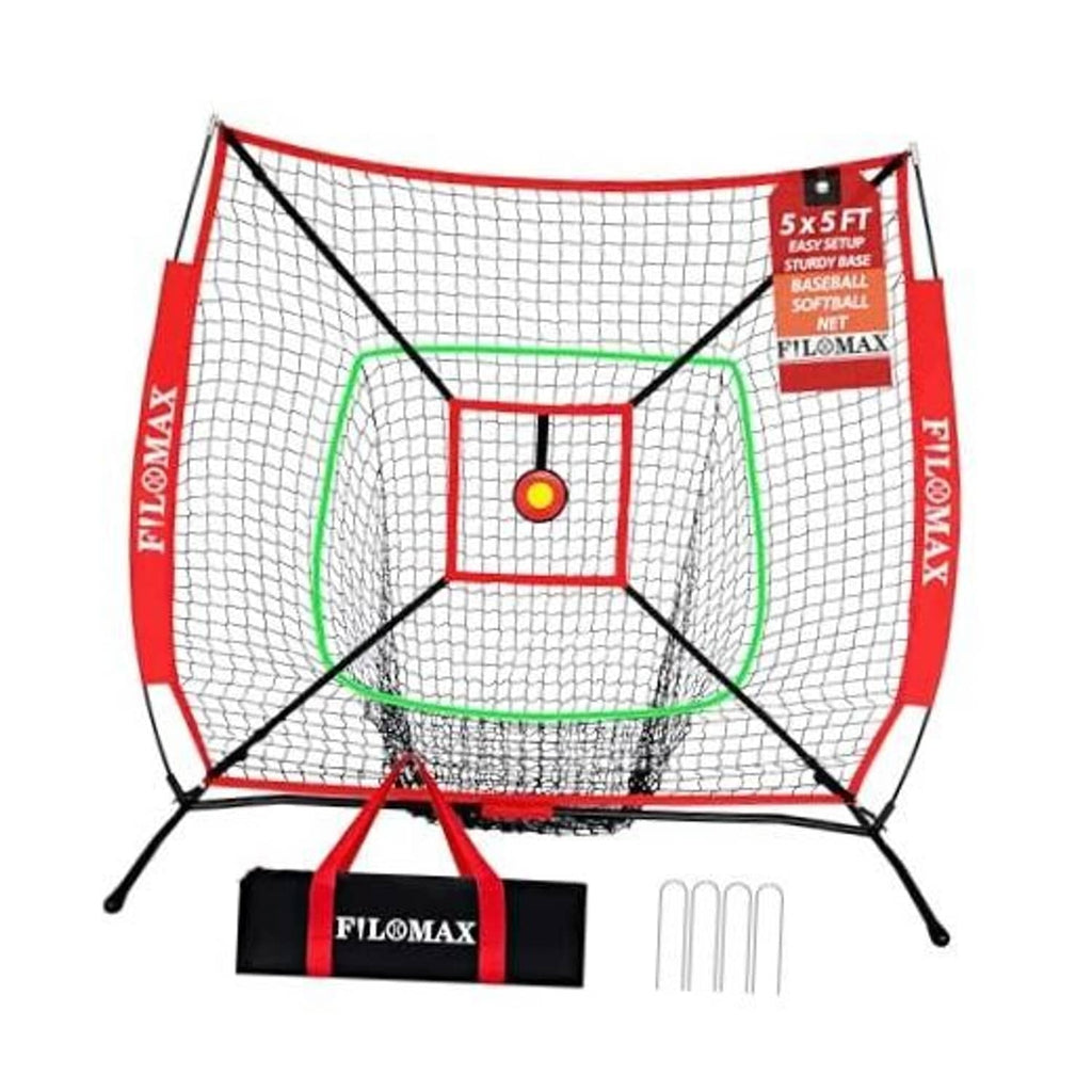 5x5 ft baseball/softball practice net with red strike-zone target and circular aim area