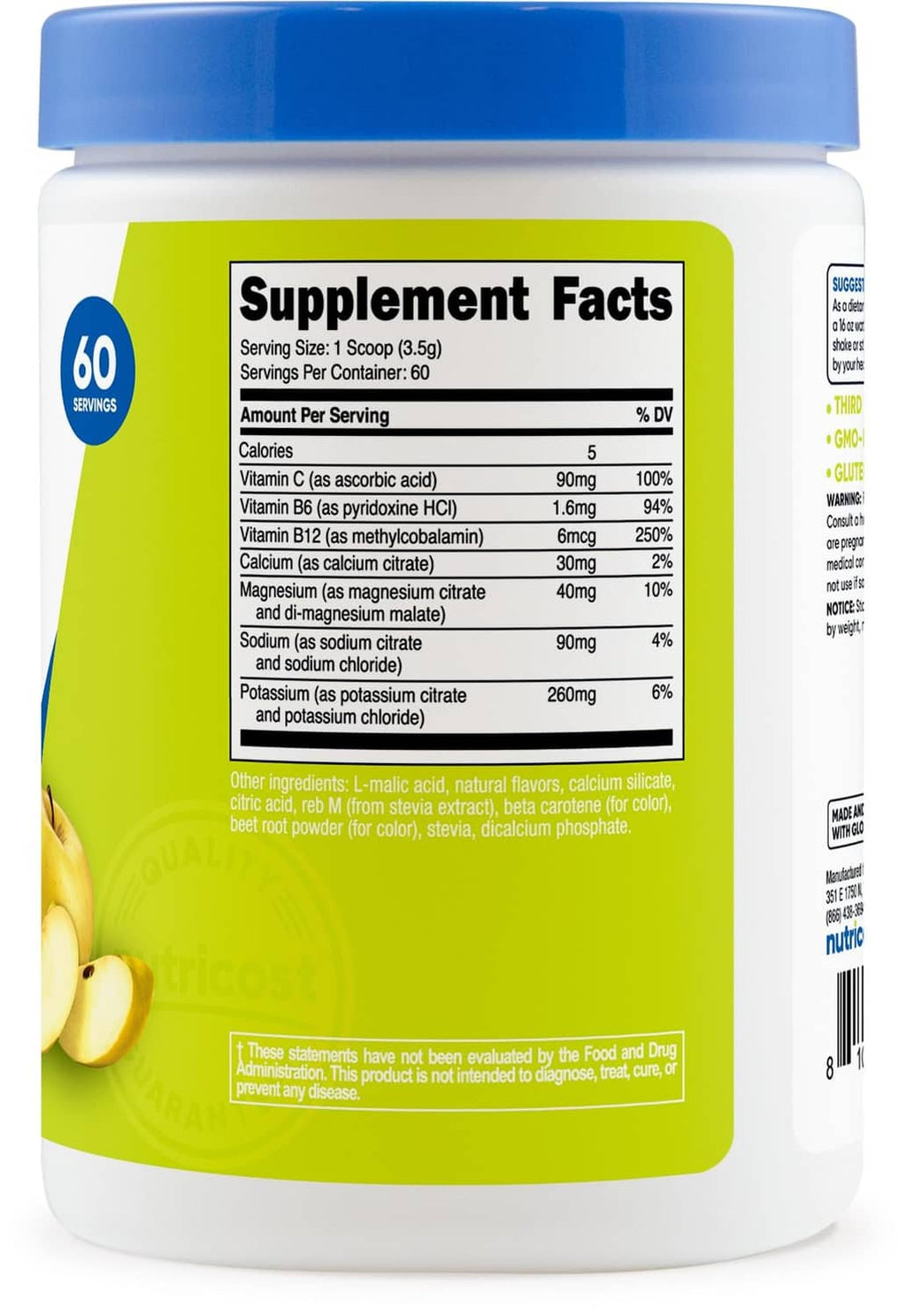 Nutricost electrolytes supplement facts on green panel, 5g serving, 60 servings