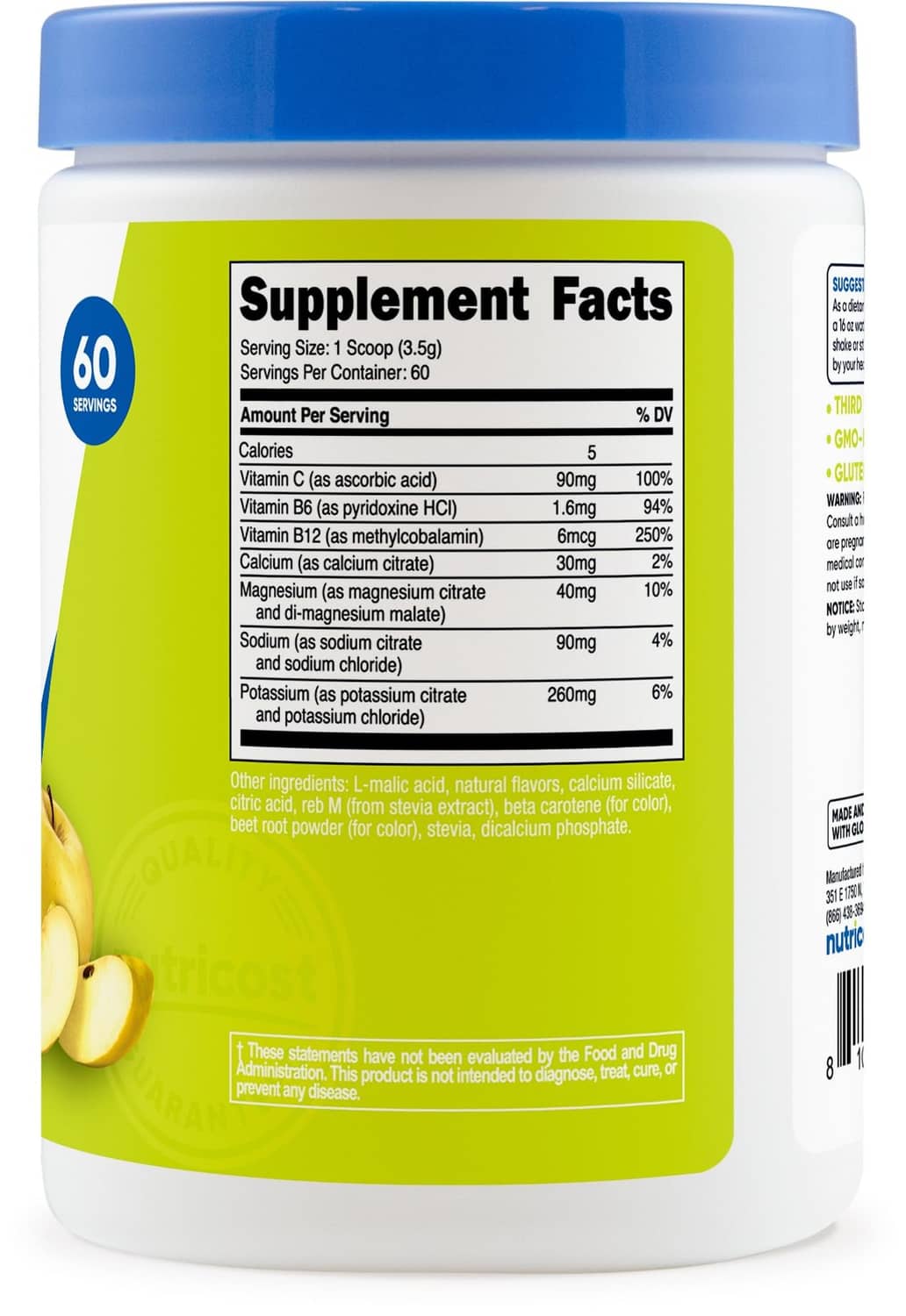 Nutricost electrolytes supplement facts on green panel, 5g serving, 60 servings