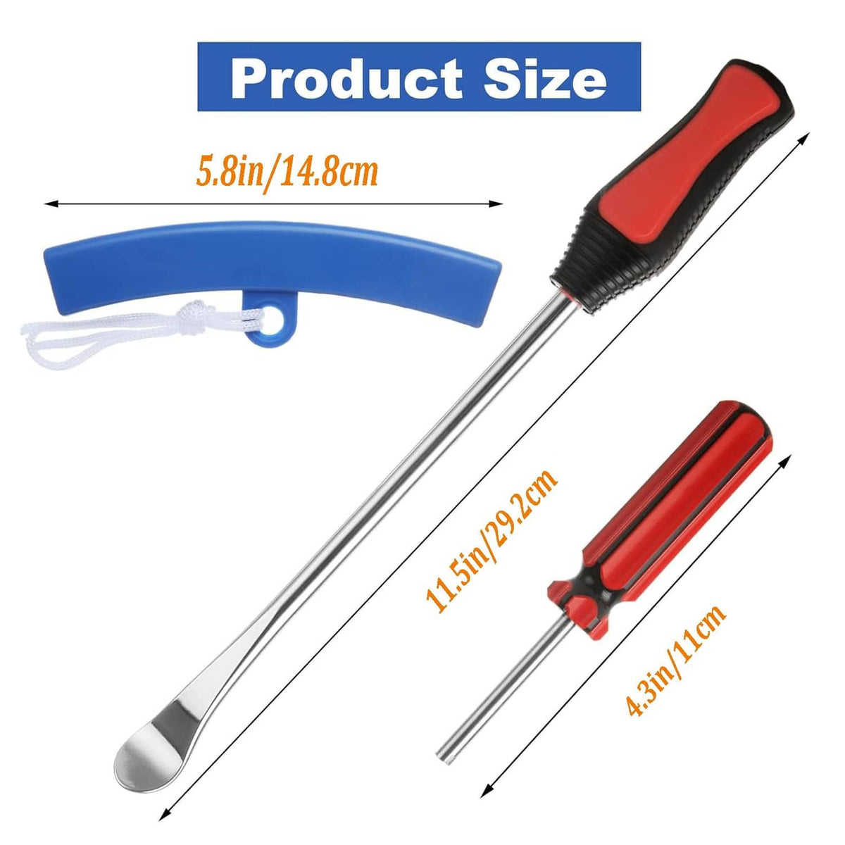 Tire changer lever set with blue curved bar and red-black handles, size shown