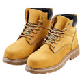 Yellow lace-up steel toe work boots with black collar, padded tongue, and lug sole