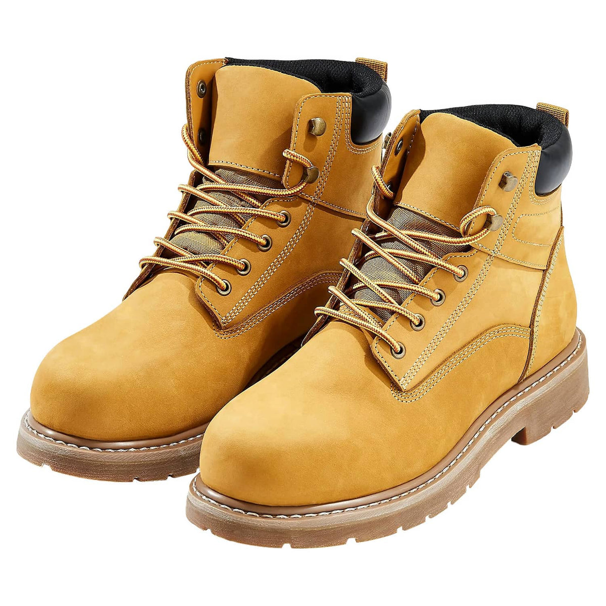 Yellow lace-up steel toe work boots with black collar, padded tongue, and lug sole