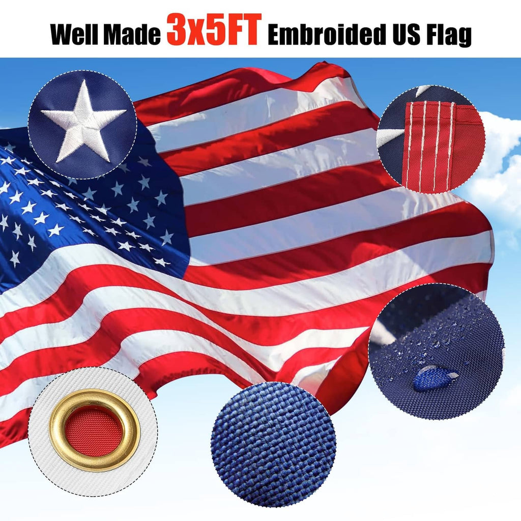 Embroidered American flag fabric with blue field and red-and-white stripes