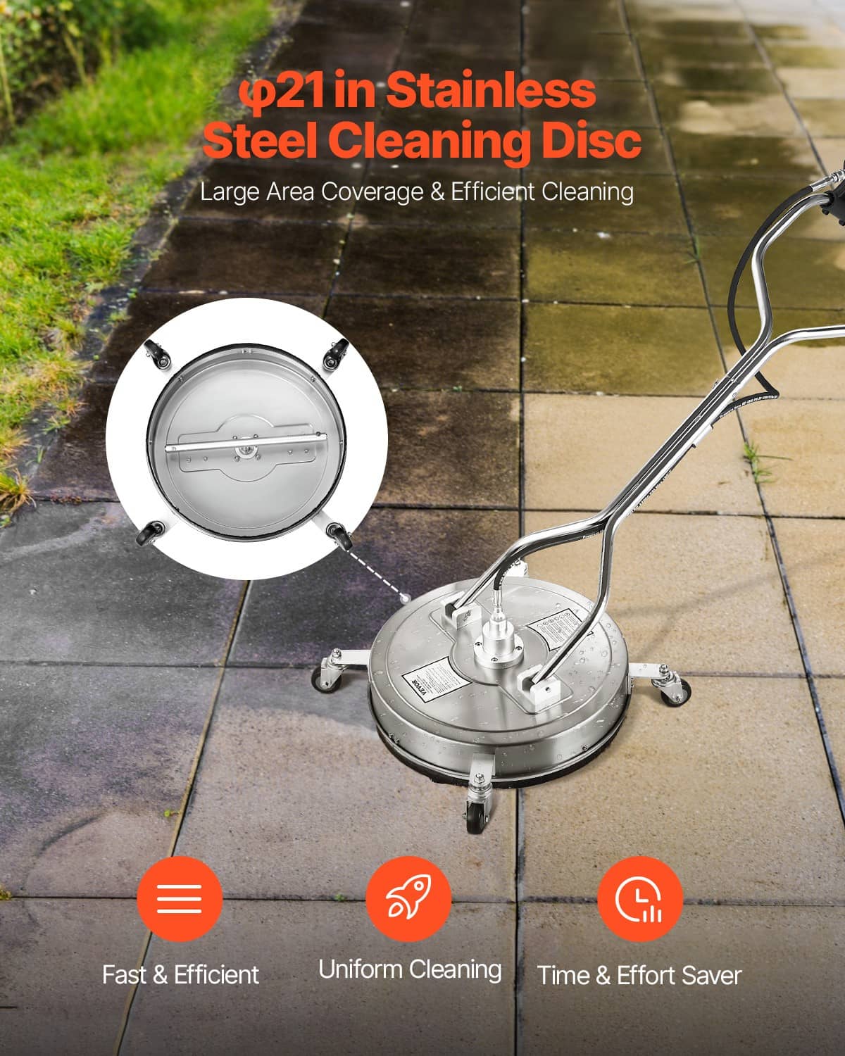 21-inch stainless steel cleaning disc with 4 wheels and dual-handle pressure washer attachment