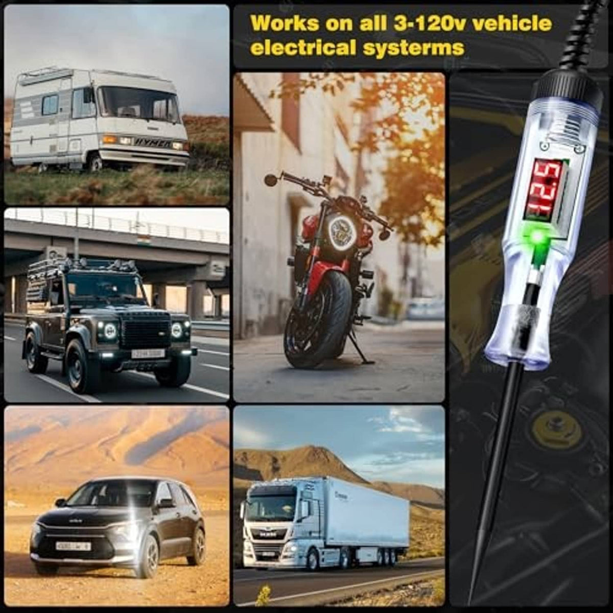 LED digital automotive circuit tester with clear tube, red/green lights, probes and clips