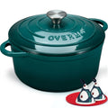 Bottle green enameled cast iron dutch oven with fitted lid and side handles