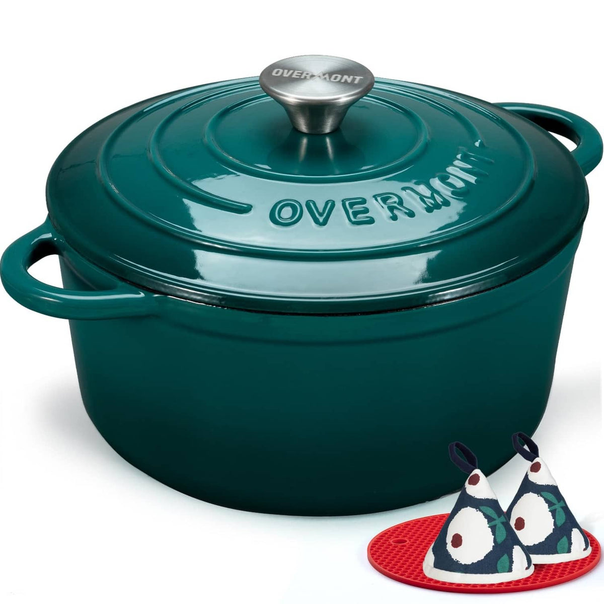 Bottle green enameled cast iron dutch oven with fitted lid and side handles