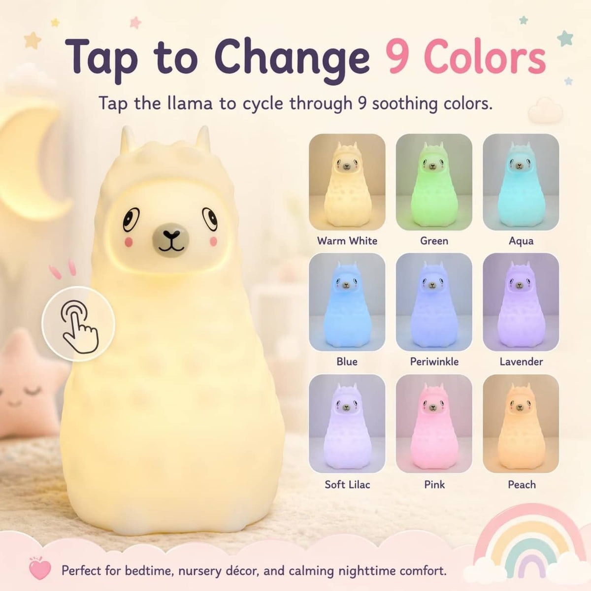 Cream llama LED night light with soft glow and color options shown on display