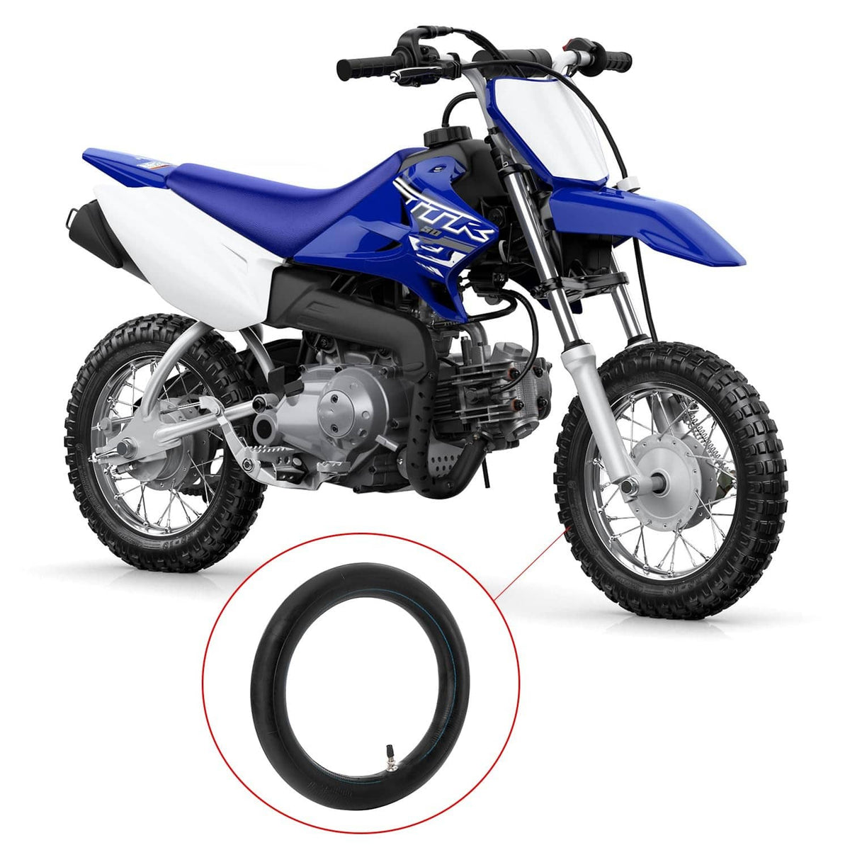 Motorcycle inner tube replacement, black tube with blue stripe and straight valve stem