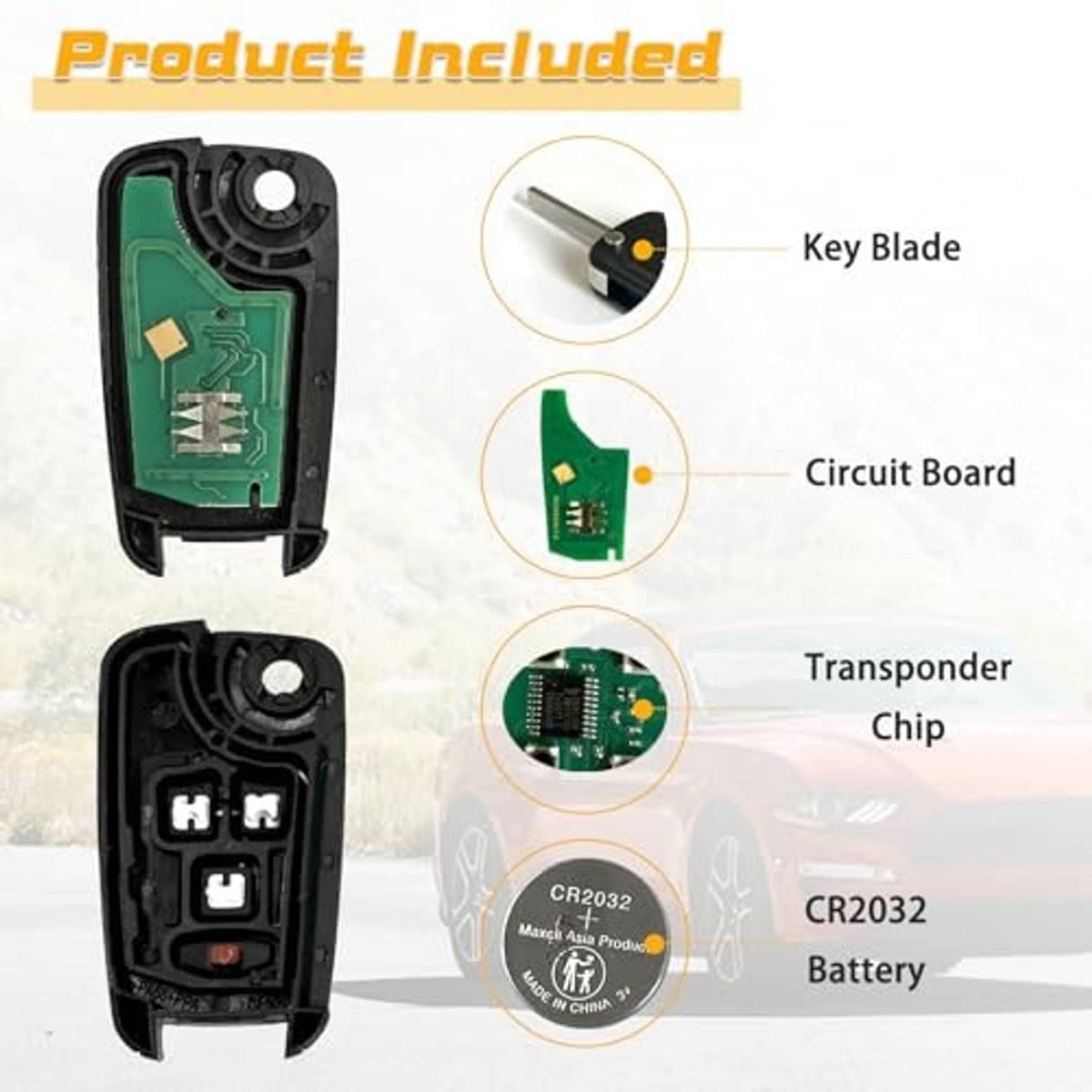 Key fob remote shell with internal circuit board, transponder chip and battery (CR2032)